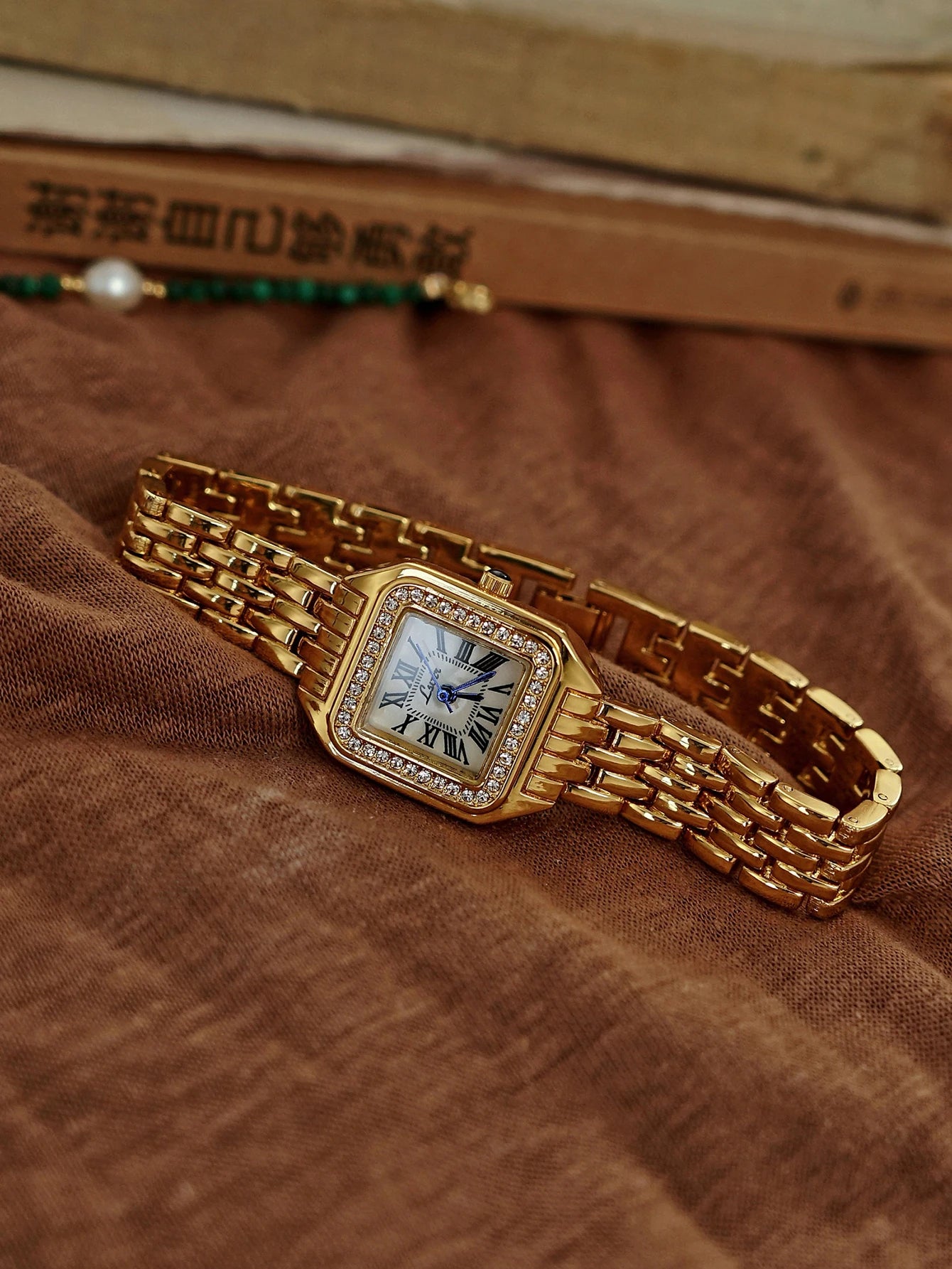 1pc New Arrival Gold-Tone Square Dial Women's Waterproof Watch With Inlaid Rhinestone, Elegant & Simple Style, watch for women