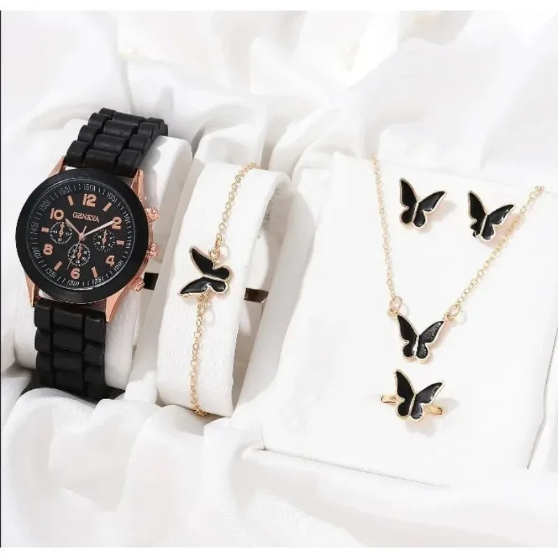 2/6pcs Luxury Watch Set Women Ring Necklace Earrings Rhinestone Fashion Wristwatch Female Casual Ladies Watches Bracelet(No Box)