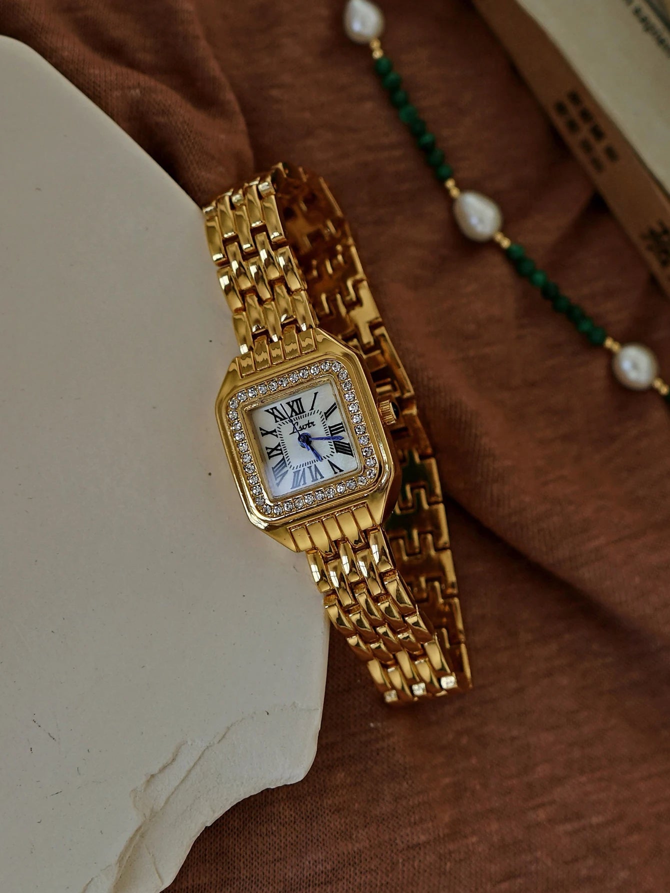 1pc New Arrival Gold-Tone Square Dial Women's Waterproof Watch With Inlaid Rhinestone, Elegant & Simple Style, watch for women