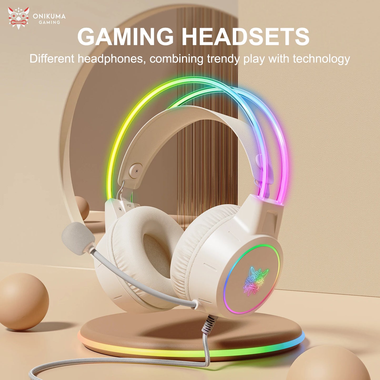 ONIKUMA X15 Pro Over-Ear Headphones Gaming Headset Wired Cancelling Earphones Pink Cat Ears Rgb Light With Mic For PC PS4