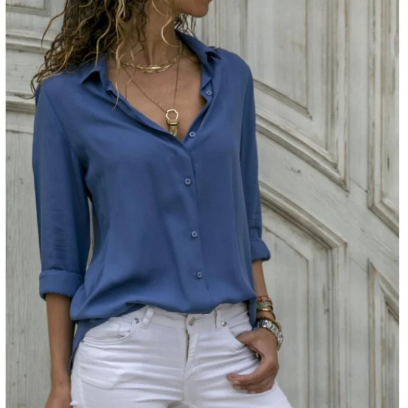 Women Elegant Solid Chiffon Blouse Spring Summer Casual Long Sleeve V Neck Loose Shirt Office Lady Tunics Oversized Tops 2023