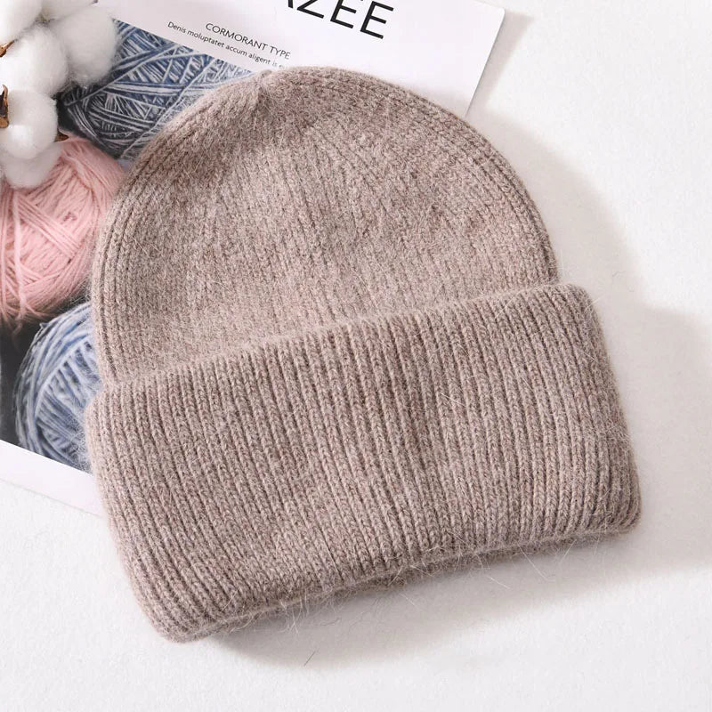 Winter Angola Rabbit Fur Knitted Beanies For Women Fashion Solid Warm Cashmere Wool Skullies Cap Female Three Fold Thick Hats