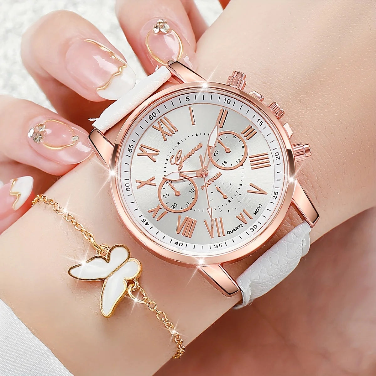 6PCS/Set Women's Watch Butterfly Jewelry Set Leather Band Analog Quartz Watches(Without Box)