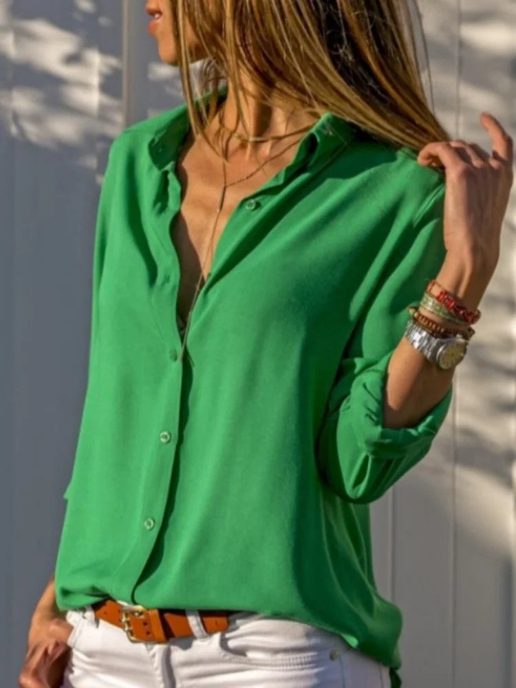 Women Elegant Solid Chiffon Blouse Spring Summer Casual Long Sleeve V Neck Loose Shirt Office Lady Tunics Oversized Tops 2023