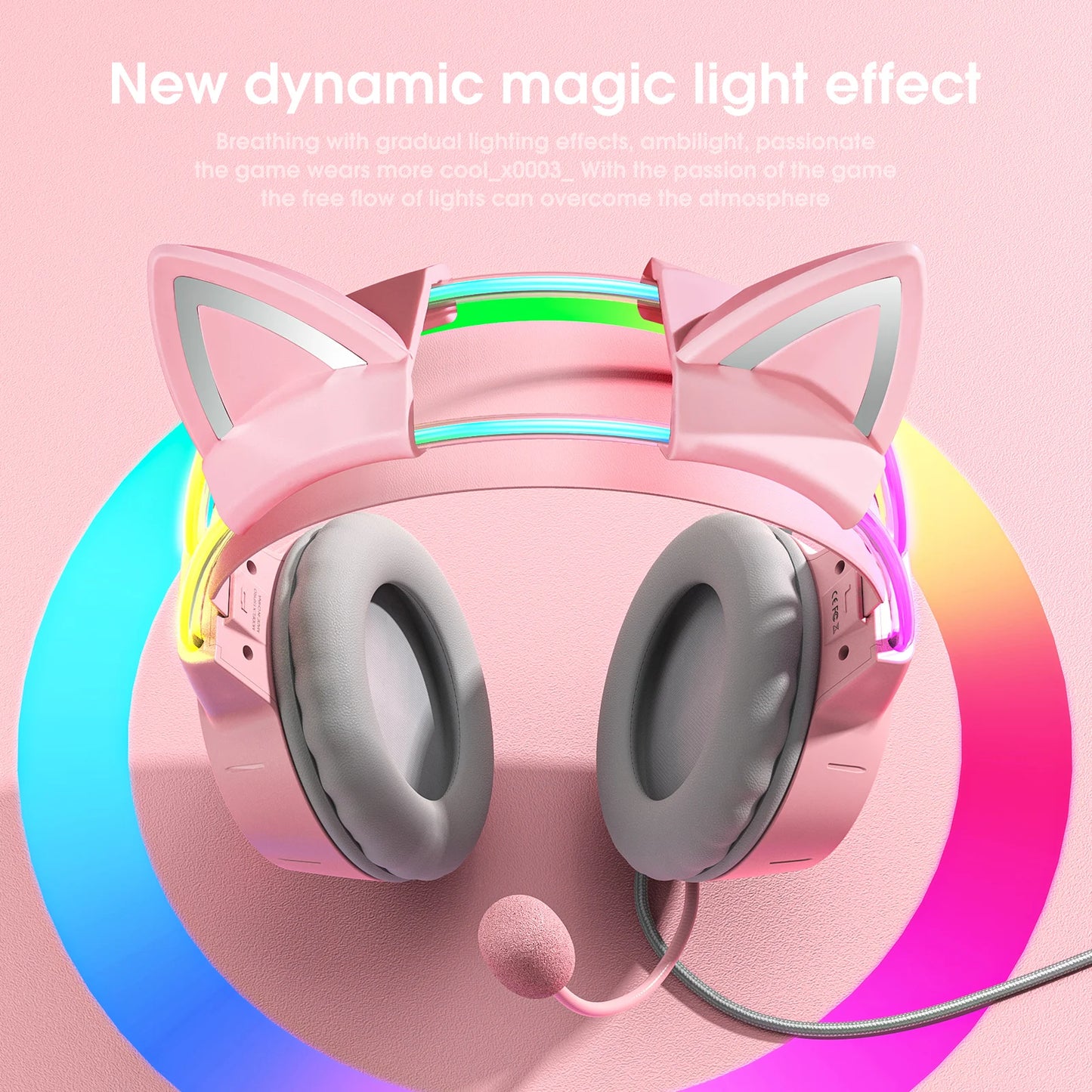 ONIKUMA X15 Pro Over-Ear Headphones Gaming Headset Wired Cancelling Earphones Pink Cat Ears Rgb Light With Mic For PC PS4