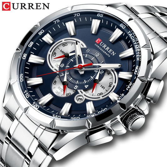 Men New CURREN Casual Sport Chronograph Men's Watch Stainless Steel Band Wristwatch Big Dial Quartz Clock with Luminous Pointers