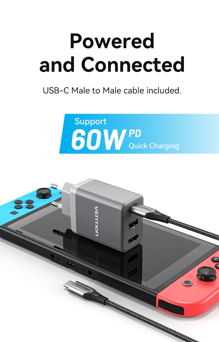 Vention Switch Dock Charger for Nintendo Switch PD 65W GaN Fast Charger for TV 4K HDMI Android Smartphone Tablet iPhone Portable