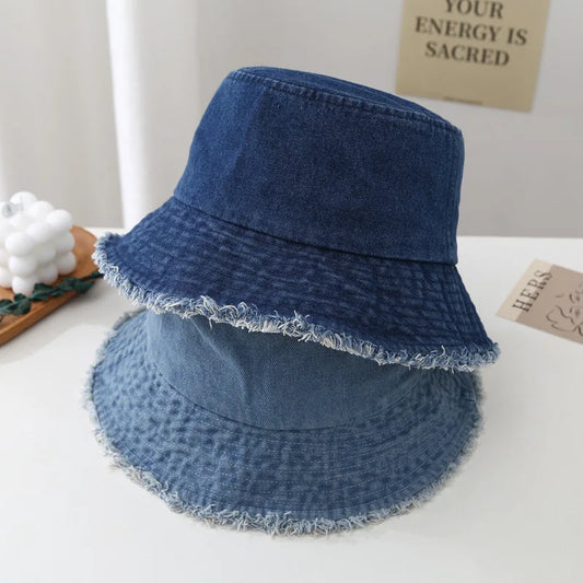 Unisex Tassel Washed Denim Bucket Hats for Women Men Vintage Foldable Cotton Panama Bob Cap Gorros Outdoor Beach Fishing Sun Hat