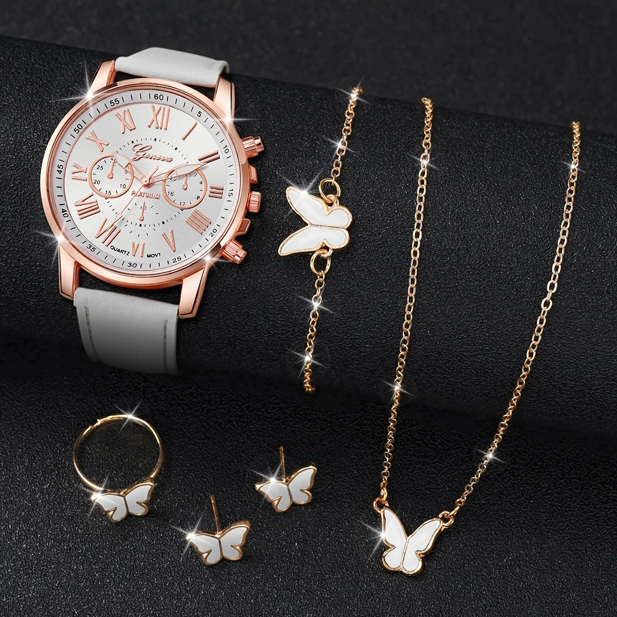 6PCS/Set Women's Watch Butterfly Jewelry Set Leather Band Analog Quartz Watches(Without Box)