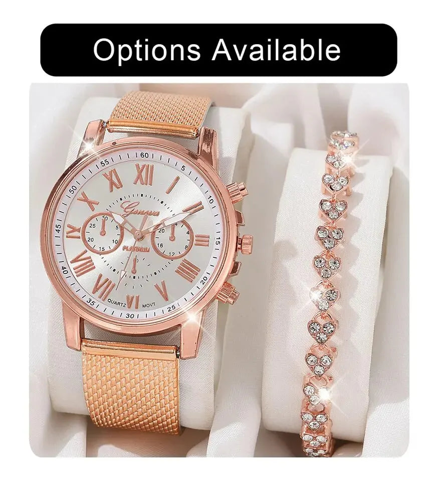 2 Luxurious And Fashionable Women's Watch Sets Rose Gold PU Leather Strap Women's Quartz Watch Alloy Bracelet Women's Gift