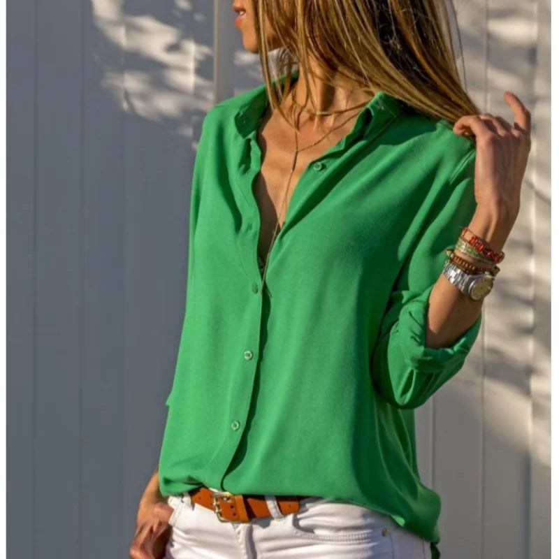 Women Elegant Solid Chiffon Blouse Spring Summer Casual Long Sleeve V Neck Loose Shirt Office Lady Tunics Oversized Tops 2023