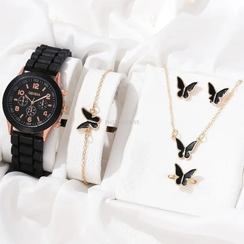 2/6pcs Luxury Watch Set Women Ring Necklace Earrings Rhinestone Fashion Wristwatch Female Casual Ladies Watches Bracelet(No Box)