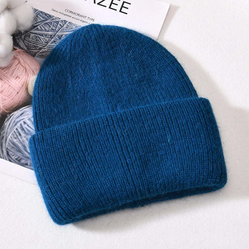 Winter Angola Rabbit Fur Knitted Beanies For Women Fashion Solid Warm Cashmere Wool Skullies Cap Female Three Fold Thick Hats