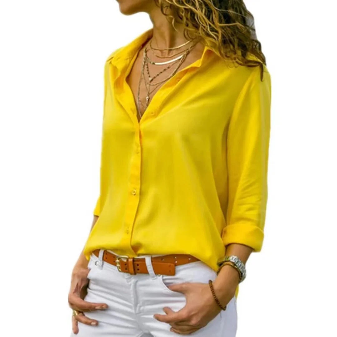 Women Elegant Solid Chiffon Blouse Spring Summer Casual Long Sleeve V Neck Loose Shirt Office Lady Tunics Oversized Tops 2023