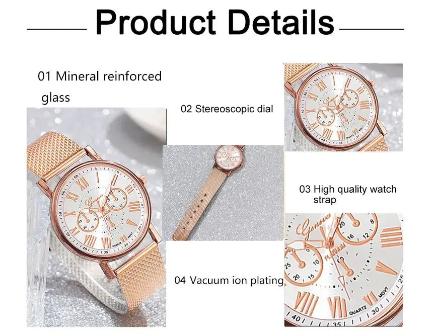 2 Luxurious And Fashionable Women's Watch Sets Rose Gold PU Leather Strap Women's Quartz Watch Alloy Bracelet Women's Gift