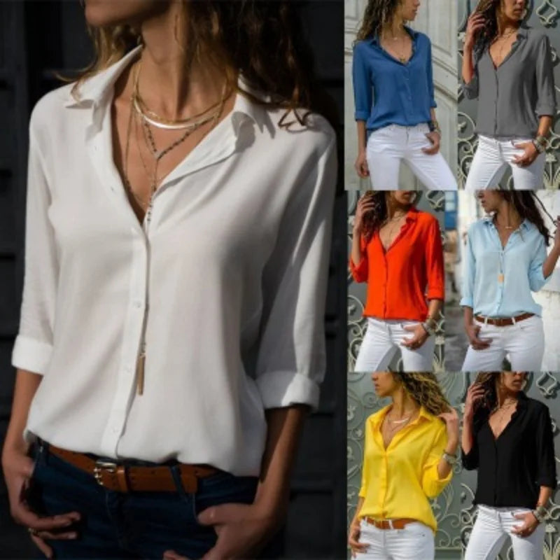 Women Elegant Solid Chiffon Blouse Spring Summer Casual Long Sleeve V Neck Loose Shirt Office Lady Tunics Oversized Tops 2023