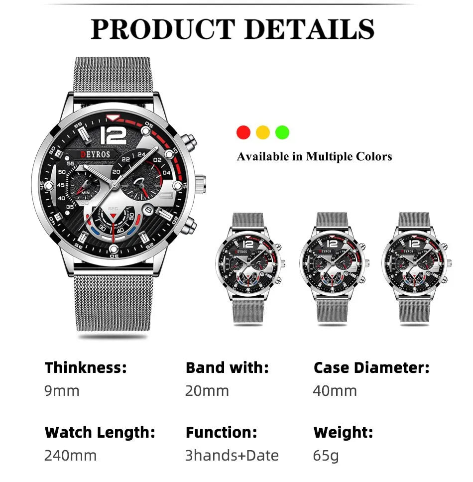 3PCS Set Fashion Mens Calendar Watches Men Business Steel Mesh Belt Quartz Watch Male Casual Necklace Bracelet Wristwatch