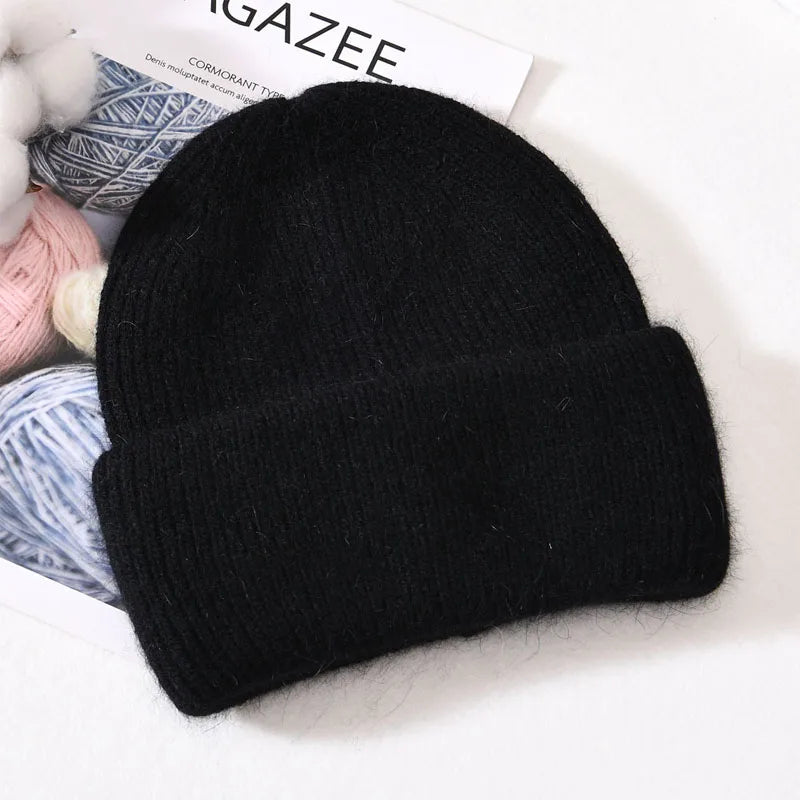 Winter Angola Rabbit Fur Knitted Beanies For Women Fashion Solid Warm Cashmere Wool Skullies Cap Female Three Fold Thick Hats