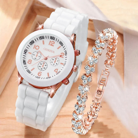 2PCS/Set Fashion Silicone Band Women Watches Rhinestone Heart Bracelet Set