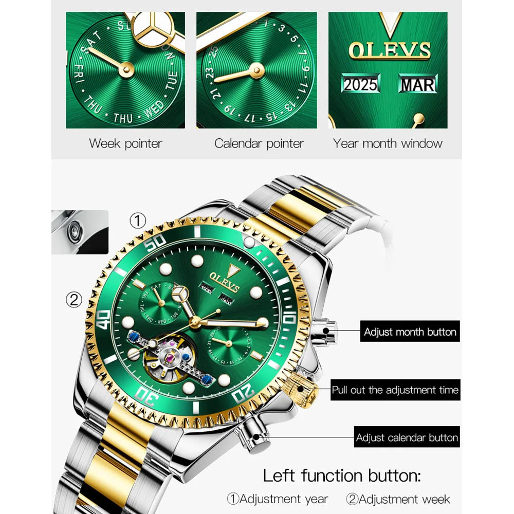 OLEVS Original Automatic Mechanical Watch for Men 42.8mm Big Dial Skeleton Hollow Date Week Luxury TOP Brand Men's Wristwatches