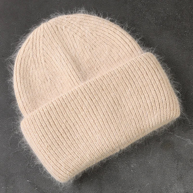 Winter Angola Rabbit Fur Knitted Beanies For Women Fashion Solid Warm Cashmere Wool Skullies Cap Female Three Fold Thick Hats